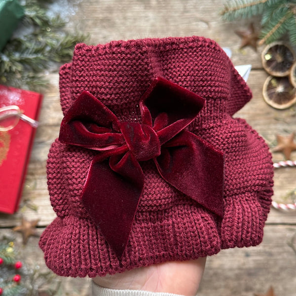 Garter Stitch Snood Scarf with Big Velvet Bow | Garnet