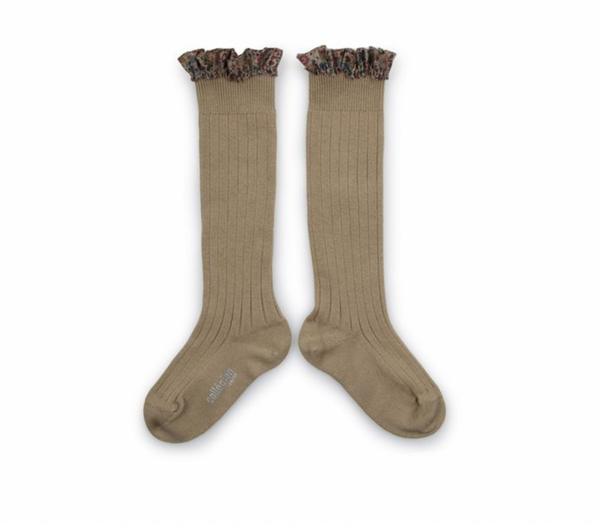 Liberty Ruffle Ribbed Knee High Socks | Elisabeth | Taupe