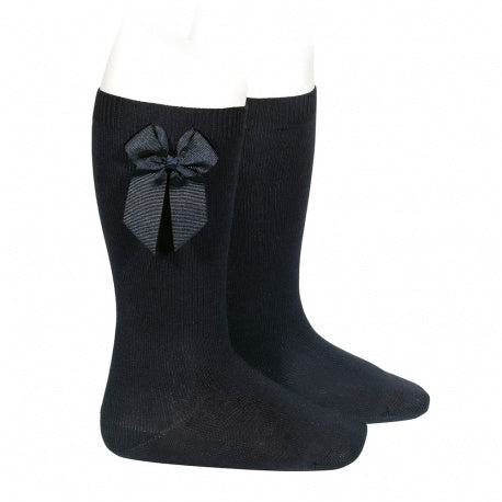 Cotton knee High Socks With Side Grosgrain Bow | Black