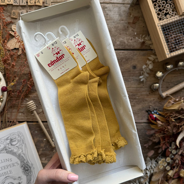 Knee Socks with Lace Edging Cuff | Mustard